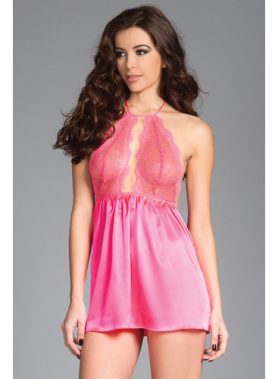 Lange Satijnen Babydoll Met Kanten Cups - Lichtroze
