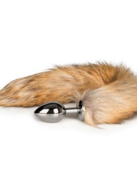Medium zilverkleurige buttplug met bruine vossenstaart