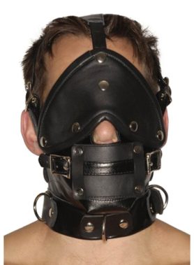 Streng uitziende lederen premium muilkorf met blinddoek en knevel